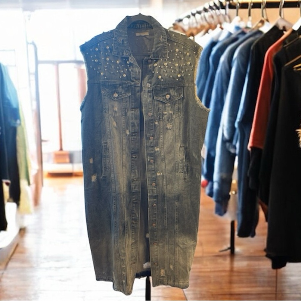 Women's Long Denim Vest with Pearl & Rhinestone Accents - Picture 9 of 9